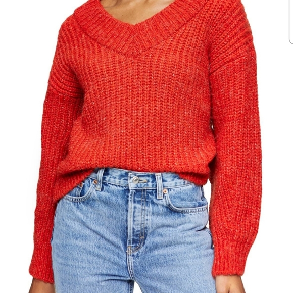 Topshop Sweaters - TOPSHOP WOMEN'S RED V NECK SWEATER LONG SLEEVED